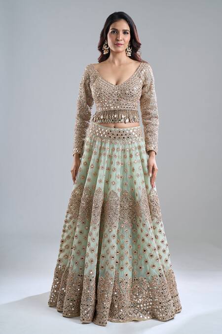 Abhinav Mishra_Mint Net Mirrors, Embroidery, Tassels V-neck Green Lehenga Set _Online_at_Aza_Fashions