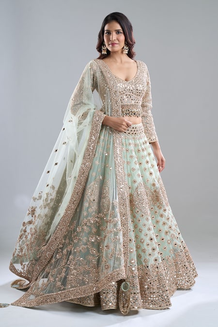 Buy_Abhinav Mishra_Mint Net Mirrors, Embroidery, Tassels V-neck Green Lehenga Set _Online_at_Aza_Fashions