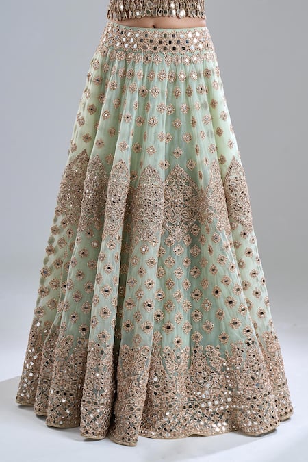 Shop_Abhinav Mishra_Mint Net Mirrors, Embroidery, Tassels V-neck Green Lehenga Set _Online_at_Aza_Fashions