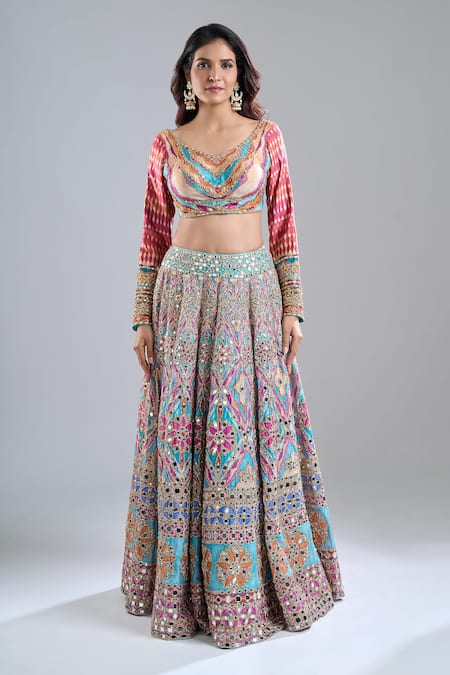 Abhinav Mishra_Blue Chanderi, Net Mirrors, Zari, Embroidery Scoop Lake Multishade Lehenga Set _Online_at_Aza_Fashions