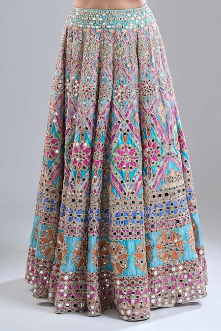 Buy_Abhinav Mishra_Blue Chanderi, Net Mirrors, Zari, Embroidery Scoop Lake Multishade Lehenga Set _Online_at_Aza_Fashions