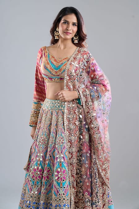 Abhinav Mishra_Blue Chanderi, Net Mirrors, Zari, Embroidery Scoop Lake Multishade Lehenga Set _at_Aza_Fashions
