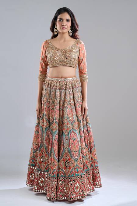 Abhinav Mishra_Red Chanderi, Net Mirrors, Zari, Embroidery, Ruby Forest Smoke Lehenga Set _Online_at_Aza_Fashions