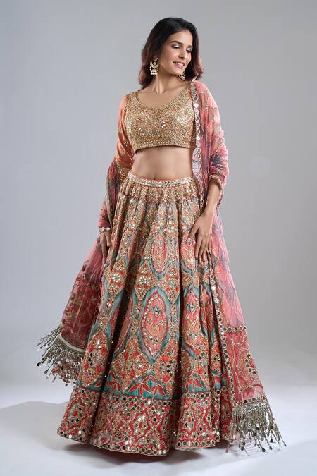 Buy_Abhinav Mishra_Red Chanderi, Net Mirrors, Zari, Embroidery, Ruby Forest Smoke Lehenga Set _Online_at_Aza_Fashions