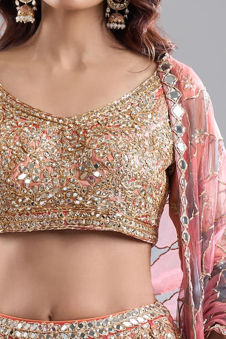 Shop_Abhinav Mishra_Red Chanderi, Net Mirrors, Zari, Embroidery, Ruby Forest Smoke Lehenga Set _Online_at_Aza_Fashions