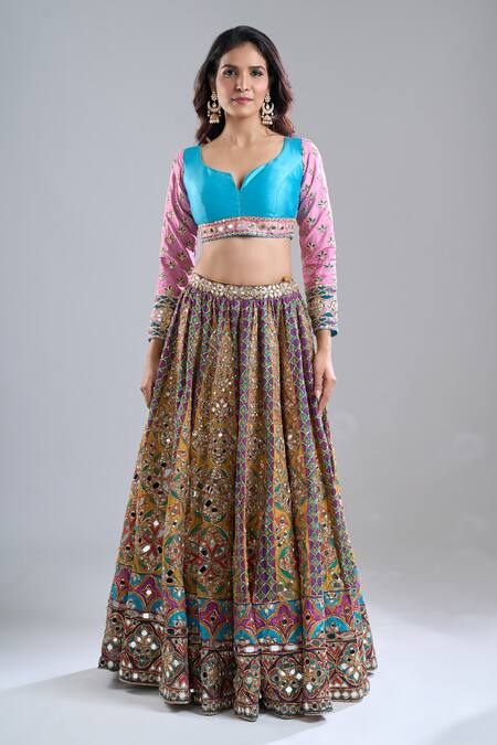 Abhinav Mishra_Multi Color Chanderi, Net Mirrors, Zari, Embroidery, Tangerine Hues Lehenga Set _Online_at_Aza_Fashions