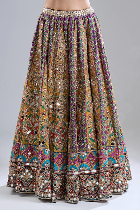 Buy_Abhinav Mishra_Multi Color Chanderi, Net Mirrors, Zari, Embroidery, Tangerine Hues Lehenga Set _Online_at_Aza_Fashions
