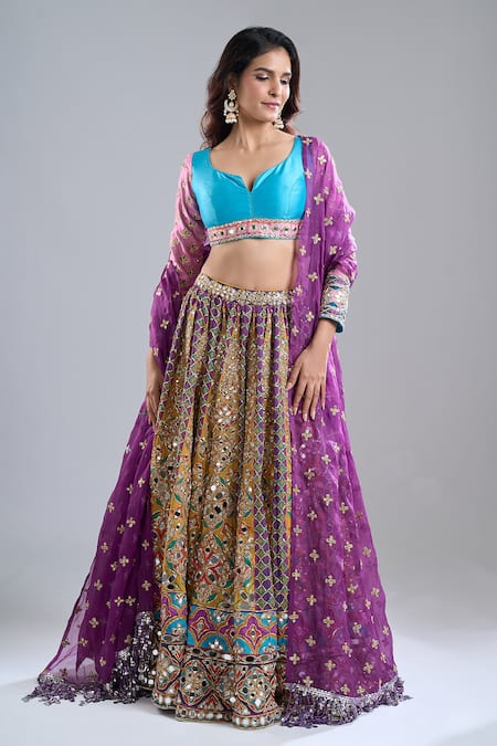 Abhinav Mishra_Multi Color Chanderi, Net Mirrors, Zari, Embroidery, Tangerine Hues Lehenga Set _at_Aza_Fashions