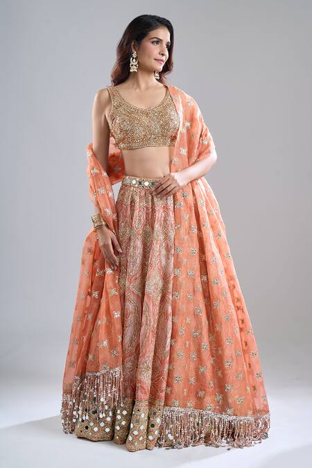Abhinav Mishra_Orange Chanderi, Organza Mirrors, Embroidery, Zari, Tassels Safron Lehenga Set _Online_at_Aza_Fashions