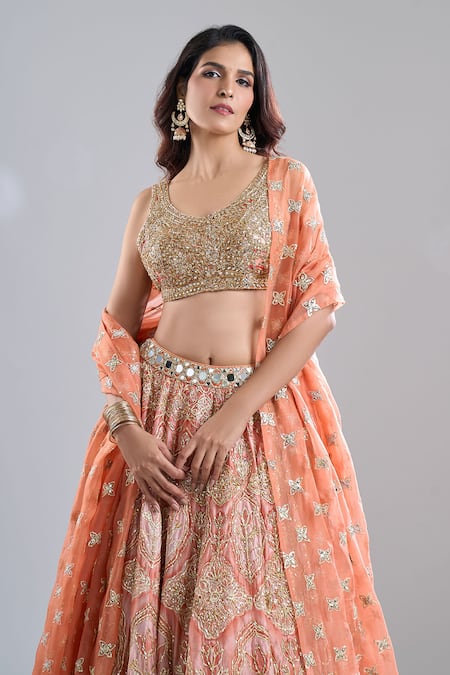 Buy_Abhinav Mishra_Orange Chanderi, Organza Mirrors, Embroidery, Zari, Tassels Safron Lehenga Set _Online_at_Aza_Fashions