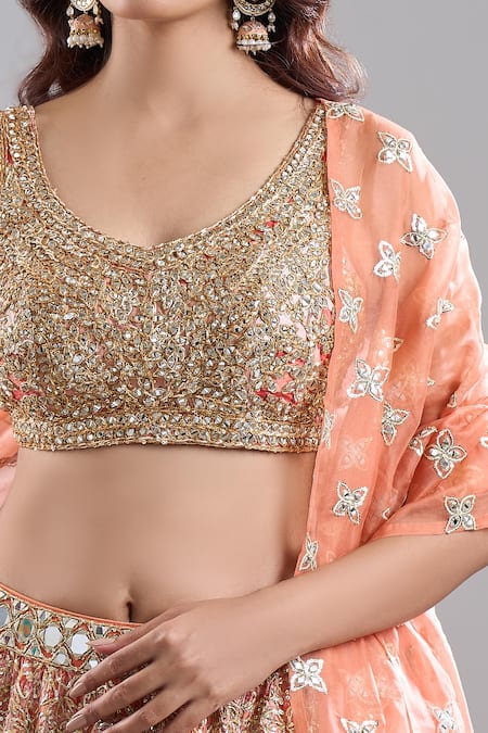 Shop_Abhinav Mishra_Orange Chanderi, Organza Mirrors, Embroidery, Zari, Tassels Safron Lehenga Set _Online_at_Aza_Fashions