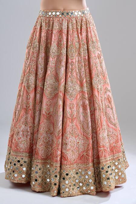 Abhinav Mishra_Orange Chanderi, Organza Mirrors, Embroidery, Zari, Tassels Safron Lehenga Set _at_Aza_Fashions