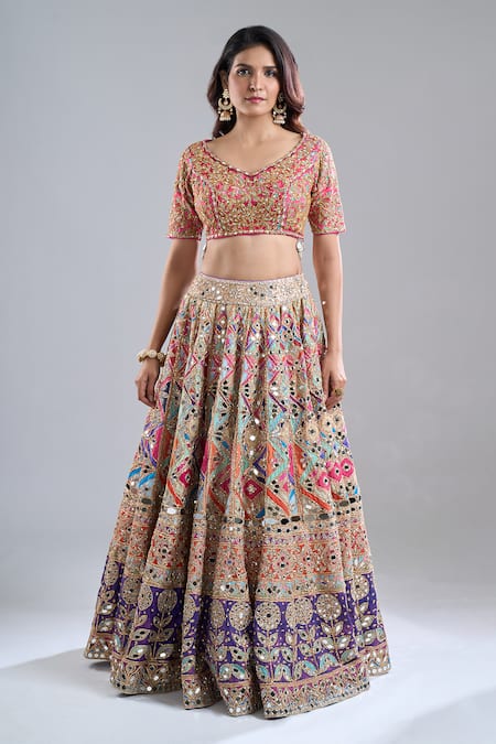 Abhinav Mishra Multi Color Chanderi, Net Mirrors, Zari, Embroidery Rebecca Pastel Lehenga Set at Aza Fashions Abhinav Mishra_Multi Color Chanderi, Net Mirrors, Zari, Embroidery Rebecca Pastel Lehenga Set _at_Aza_Fashions