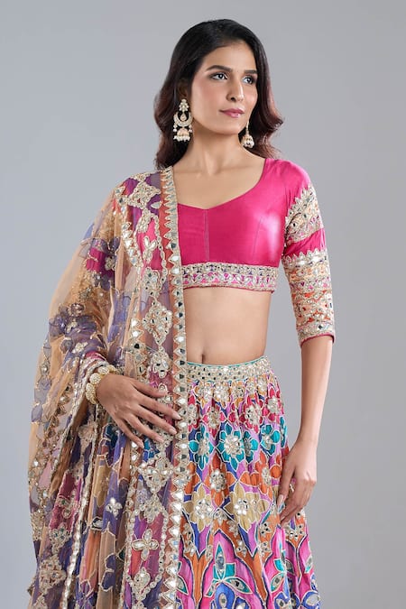 Buy_Abhinav Mishra_Multi Color Chanderi, Net Mirrors, Zari, Psychedelic Hues Lehenga Set _Online_at_Aza_Fashions