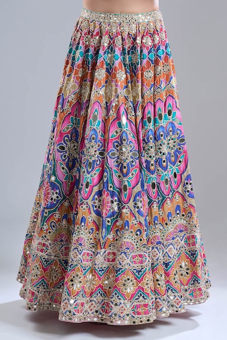 Shop_Abhinav Mishra_Multi Color Chanderi, Net Mirrors, Zari, Psychedelic Hues Lehenga Set _Online_at_Aza_Fashions