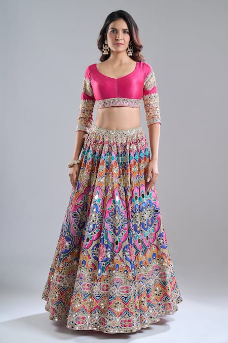 Abhinav Mishra_Multi Color Chanderi, Net Mirrors, Zari, Psychedelic Hues Lehenga Set _at_Aza_Fashions