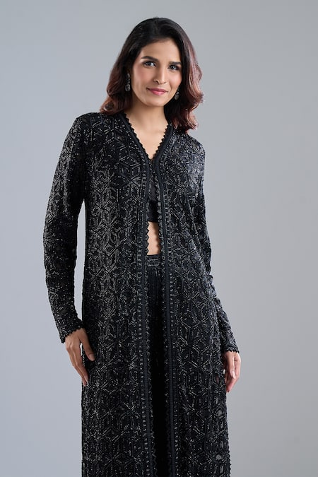 Ritika Mirchandani_Black Embroidery, Sequins V-, Scoop Jacket And Pant Set _Online_at_Aza_Fashions
