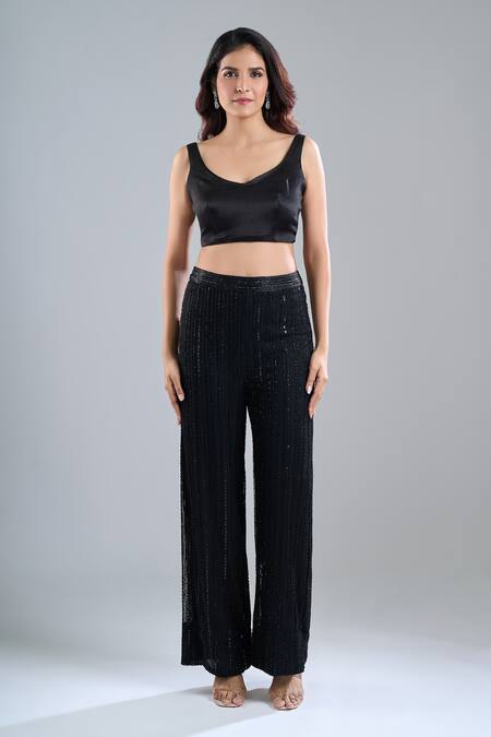 Ritika Mirchandani_Black Embroidery, Sequins V-, Scoop Jacket And Pant Set _at_Aza_Fashions
