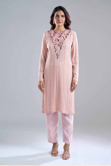 Shop Ritika Mirchandani Pink Embroidery, Sequins Round Neck Blush Kurta And Pant Set Online at Aza Fashions Shop_Ritika Mirchandani_Pink Embroidery, Sequins Round Neck Blush Kurta And Pant Set _Online_at_Aza_Fashions