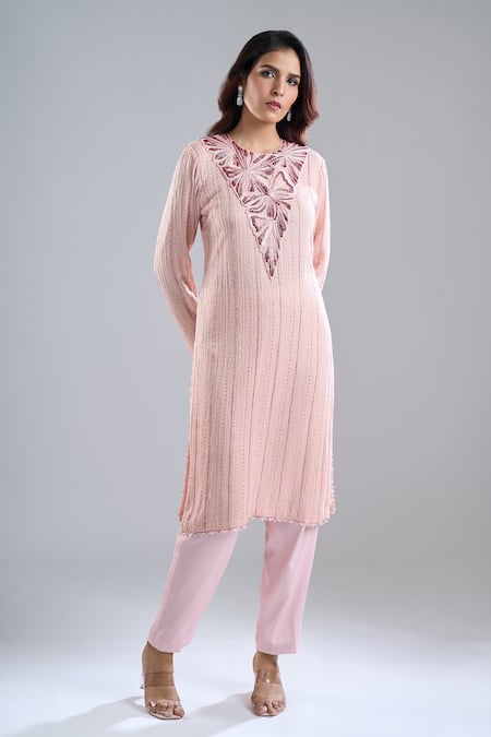 Ritika Mirchandani Pink Embroidery, Sequins Round Neck Blush Kurta And Pant Set at Aza Fashions Ritika Mirchandani_Pink Embroidery, Sequins Round Neck Blush Kurta And Pant Set _at_Aza_Fashions