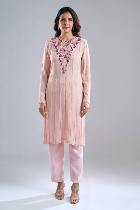 Shop Ritika Mirchandani Blush Embroidery, Beads V-neck Pink Kurta Set Online at Aza Fashions Shop_Ritika Mirchandani_Blush Embroidery, Beads V-neck Pink Kurta Set _Online_at_Aza_Fashions
