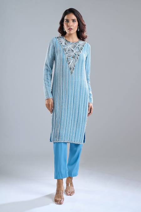Ritika Mirchandani Blue Embroidery Round Neck Lake Kurta And Pant Set Online at Aza Fashions Ritika Mirchandani_Blue Embroidery Round Neck Lake Kurta And Pant Set _Online_at_Aza_Fashions
