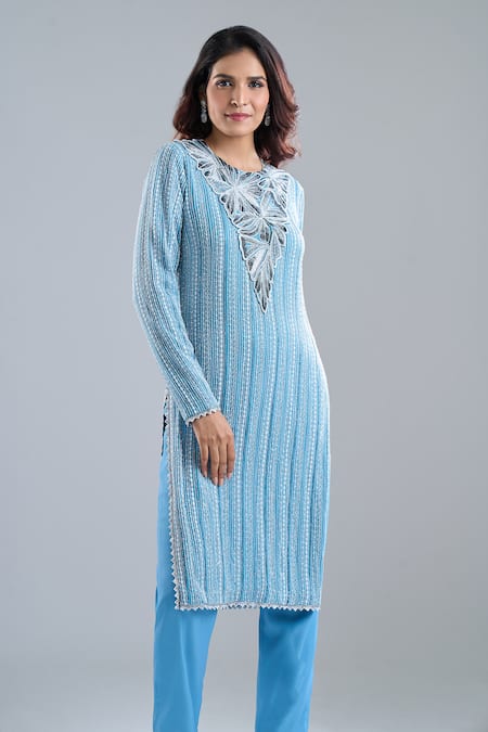 Shop Ritika Mirchandani Blue Embroidery Round Neck Lake Kurta And Pant Set Online at Aza Fashions Shop_Ritika Mirchandani_Blue Embroidery Round Neck Lake Kurta And Pant Set _Online_at_Aza_Fashions