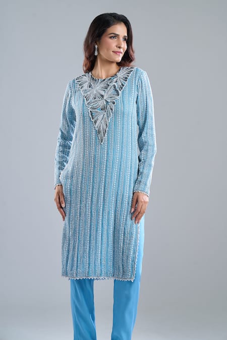 Ritika Mirchandani Blue Embroidery Round Neck Lake Kurta And Pant Set at Aza Fashions Ritika Mirchandani_Blue Embroidery Round Neck Lake Kurta And Pant Set _at_Aza_Fashions