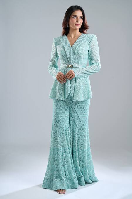 Ritika Mirchandani Blue Embroidery Leaf Neck Aqua Blazer And Gharara Set Online at Aza Fashions Ritika Mirchandani_Blue Embroidery Leaf Neck Aqua Blazer And Gharara Set _Online_at_Aza_Fashions