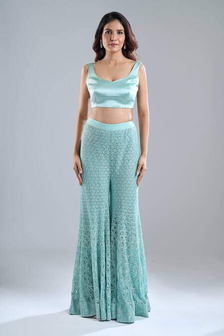 Shop Ritika Mirchandani Blue Embroidery Leaf Neck Aqua Blazer And Gharara Set Online at Aza Fashions Shop_Ritika Mirchandani_Blue Embroidery Leaf Neck Aqua Blazer And Gharara Set _Online_at_Aza_Fashions