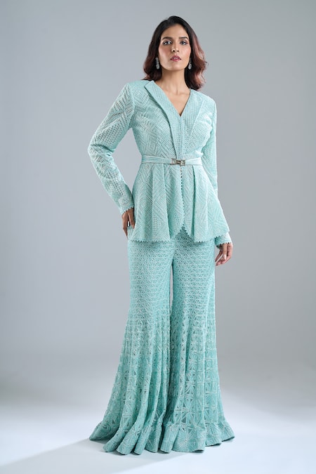 Ritika Mirchandani Aqua Embroidered Blazer & Gharara Set 