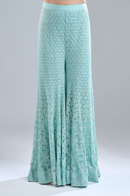 Ritika Mirchandani Blue Embroidery Leaf Neck Aqua Blazer And Gharara Set at Aza Fashions Ritika Mirchandani_Blue Embroidery Leaf Neck Aqua Blazer And Gharara Set _at_Aza_Fashions