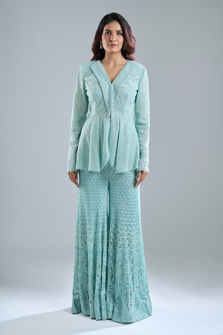 Buy Ritika Mirchandani Blue Embroidery Leaf Neck Aqua Blazer And Gharara Set Buy_Ritika Mirchandani_Blue Embroidery Leaf Neck Aqua Blazer And Gharara Set