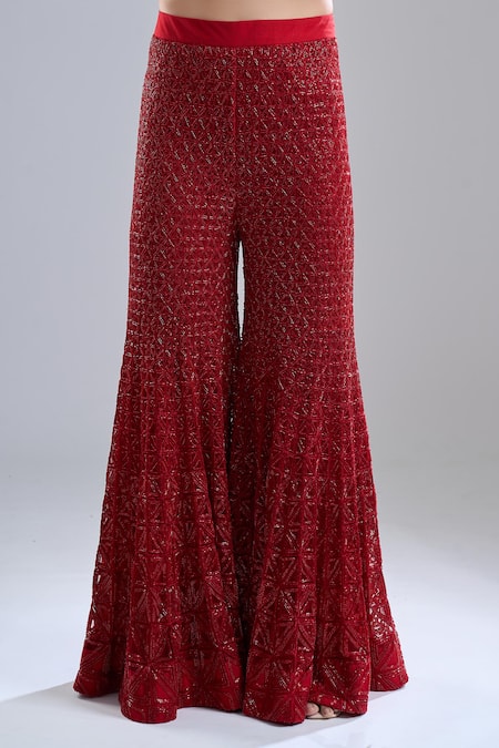Ritika Mirchandani_Red Embroidery, Sequins Scoop Neck Blazer And Gharara Set _Online_at_Aza_Fashions