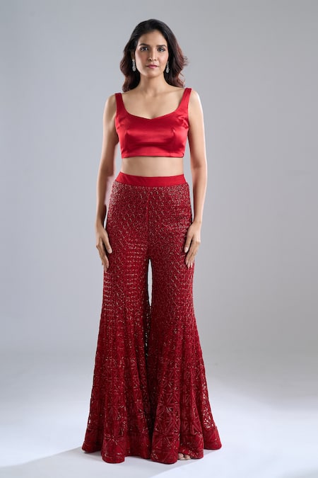 Buy_Ritika Mirchandani_Red Embroidery, Sequins Scoop Neck Blazer And Gharara Set _Online_at_Aza_Fashions