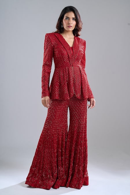 Shop_Ritika Mirchandani_Red Embroidery, Sequins Scoop Neck Blazer And Gharara Set _Online_at_Aza_Fashions