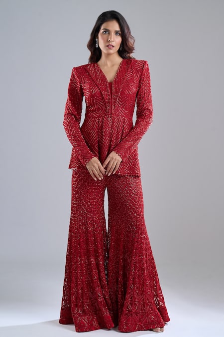 Ritika Mirchandani Red Embroidered Blazer & Gharara Set 