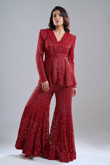 Ritika Mirchandani_Red Embroidery, Sequins Scoop Neck Blazer And Gharara Set _at_Aza_Fashions