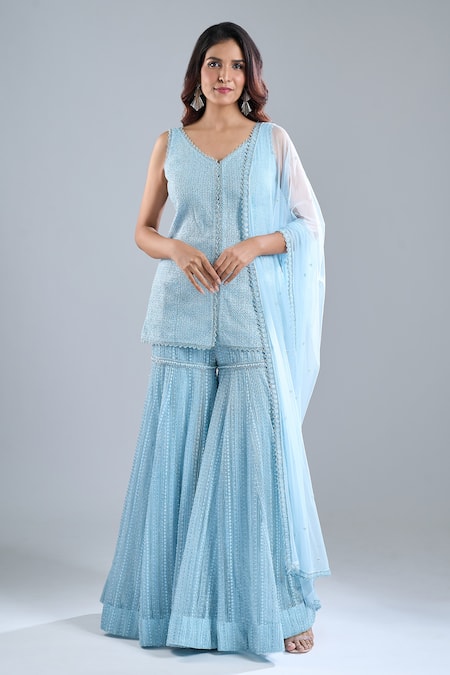 Buy_Ritika Mirchandani_Sky Blue Embroidery, Sequins V-neck Iced Kurta Sharara Set _Online_at_Aza_Fashions