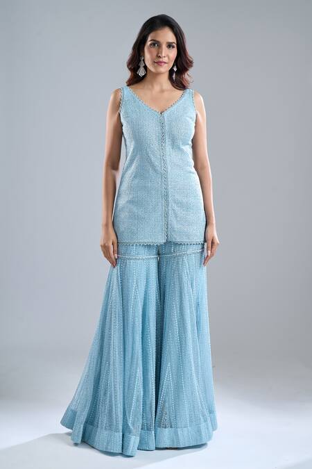 Shop_Ritika Mirchandani_Sky Blue Embroidery, Sequins V-neck Iced Kurta Sharara Set _Online_at_Aza_Fashions