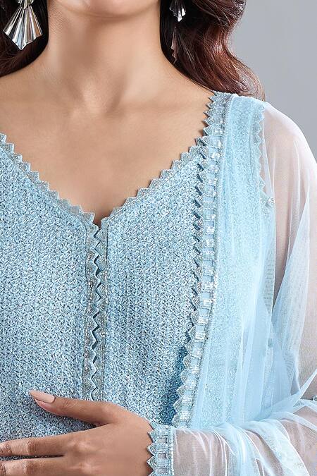 Ritika Mirchandani_Sky Blue Embroidery, Sequins V-neck Iced Kurta Sharara Set _at_Aza_Fashions