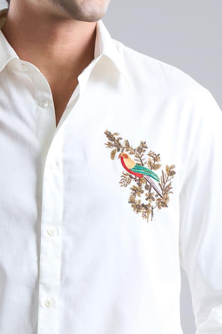 Shop Rohit Bal Ivory Poplin Embroidery Bird Placement Shirt Online at Aza Fashions Shop_Rohit Bal_Ivory Poplin Embroidery Bird Placement Shirt _Online_at_Aza_Fashions
