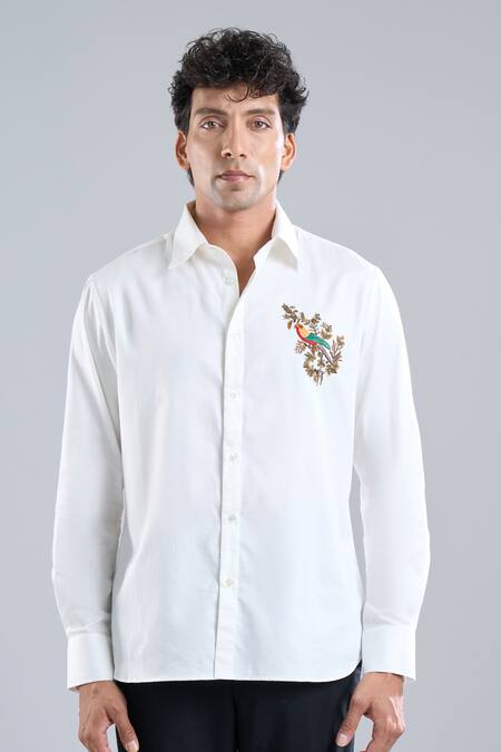 Rohit Bal Ivory Poplin Embroidery Bird Placement Shirt at Aza Fashions Rohit Bal_Ivory Poplin Embroidery Bird Placement Shirt _at_Aza_Fashions