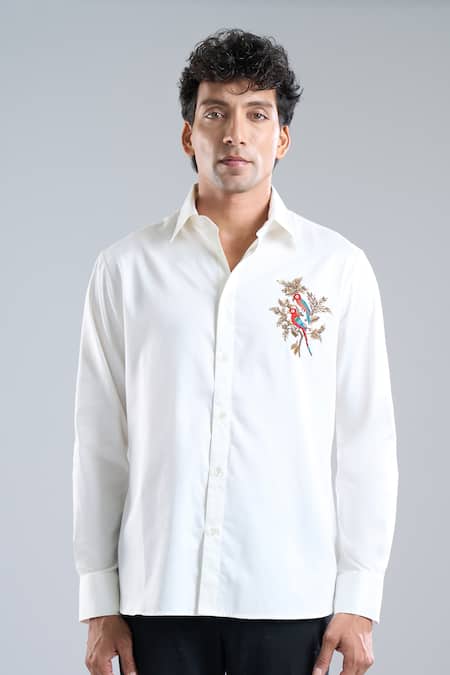 Buy_Rohit Bal_Ivory Poplin Sequins, Embroidery Placement Shirt _Online_at_Aza_Fashions