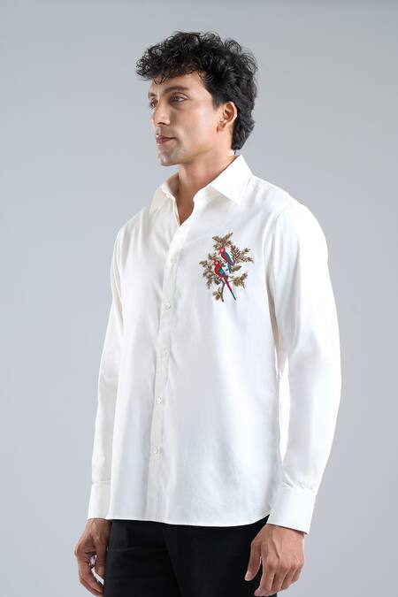 Shop_Rohit Bal_Ivory Poplin Sequins, Embroidery Placement Shirt _Online_at_Aza_Fashions