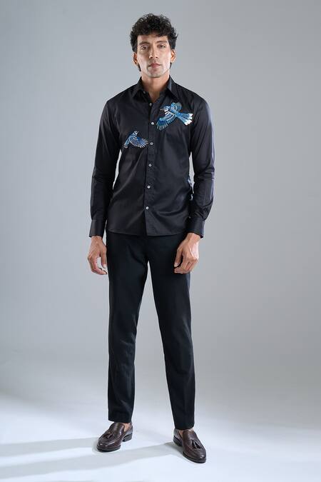 Rohit Bal Black Poplin Embroidery Placement Shirt Online at Aza Fashions Rohit Bal_Black Poplin Embroidery Placement Shirt _Online_at_Aza_Fashions