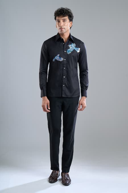 Shop Rohit Bal Black Poplin Embroidery Placement Shirt Online at Aza Fashions Shop_Rohit Bal_Black Poplin Embroidery Placement Shirt _Online_at_Aza_Fashions