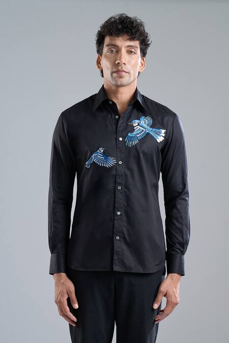 Rohit Bal Black Poplin Embroidery Placement Shirt at Aza Fashions Rohit Bal_Black Poplin Embroidery Placement Shirt _at_Aza_Fashions