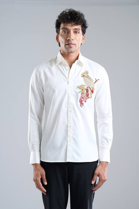 Rohit Bal Ivory Poplin Embroidery Placement Shirt at Aza Fashions Rohit Bal_Ivory Poplin Embroidery Placement Shirt _at_Aza_Fashions
