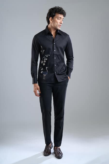 Rohit Bal_Black Poplin Embroidery Floral Placement Shirt _Online_at_Aza_Fashions